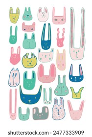 Bright colored muzzles of hares and cats. Stickerpack. Set of little animals isolated on white background. Vector illustration