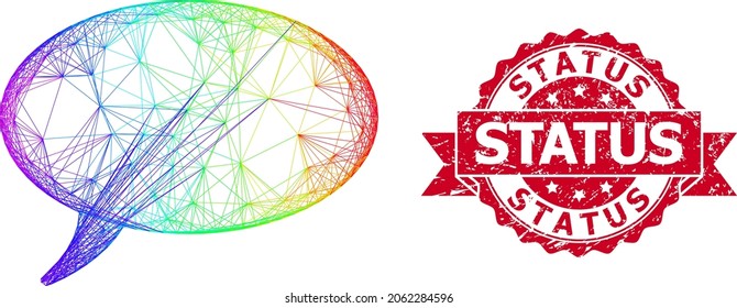 Bright colored net message cloud, and Status corroded ribbon seal imitation. Red stamp seal has Status tag inside ribbon.Geometric linear frame flat net based on message cloud icon,