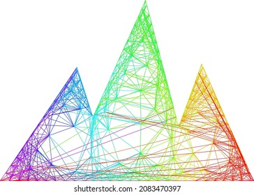 Montañas de redes de color brillante. Red 2D de marco con rayado geométrico basada en icono de montañas, generada con líneas de cruce, con gradiente espectral.