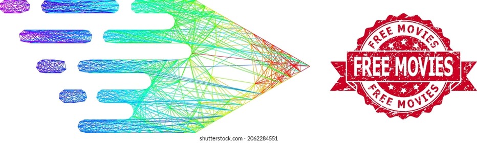 Bright colored net movement right, and Free Movies corroded ribbon stamp seal. Red stamp seal contains Free Movies caption inside ribbon.Geometric linear frame 2D net based on movement right icon,