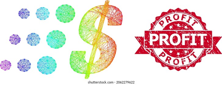 Una red de colores brillantes, un dólar rápido, y una imitación impura del sello de la cinta Profit. El sello rojo contiene la etiqueta de ganancia dentro de la cinta.Red plana de canales lineales geométricos basada en un icono de dólar rápido,