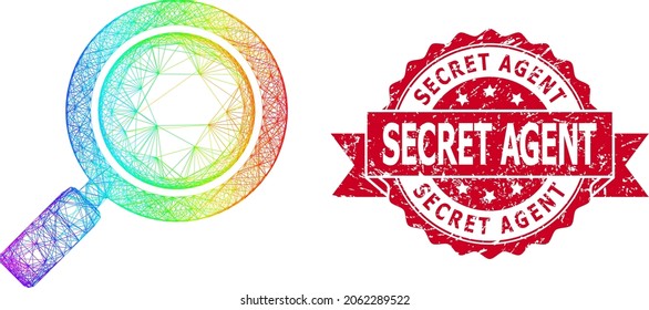 Bright colored network search loupe, and Secret Agent rubber ribbon seal print. Red seal contains Secret Agent caption inside ribbon.Geometric wire carcass 2D network based on search loupe icon,