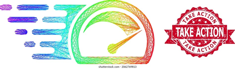 Indicador de velocidad de la red de color brillante y sello de marca de cinta rayado de Acción. Sello de sello rojo tiene el título de Tomar acción dentro de la cinta.Red 2D de la canal de alambre geométrica basada en el icono del indicador de velocidad,