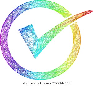Red de color claro sí tick. Red 2D de marco geométrico de alambre basado en un icono de marca sí, generado con líneas cruzadas, con gradiente de arco iris.