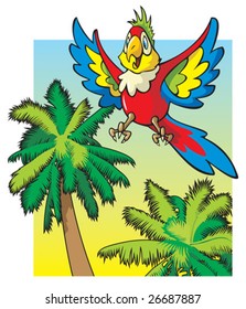 Bright colored parrot flying among the palm trees, cartoon vector illustration