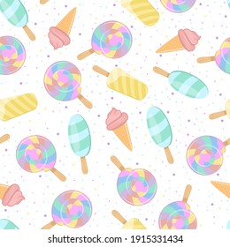 Bright colored pattern. Rainbow spiral ball, ice cream and sweet sprinkling. Seamless background for kids clothes.