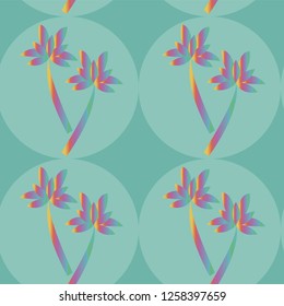 Bright colored pattern with silhouettes of palms in the circles on the green background. Trendy colors
