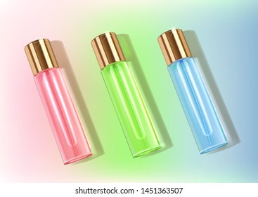 Bright, colored perfume bottles for design and advertising, cosmetic perfume templates, pink, green and blue colors. Vector illustration.