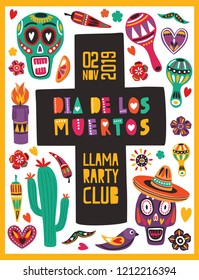 Bright colored poster template decorated by Mexican skulls, candles, peppers, maracas, sombrero and cross. Vector illustration for traditional Day of The Dead celebration, party announcement.