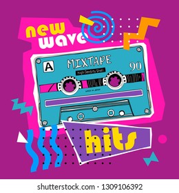 Bright colored poster in a Zine Culture style. Vintage audio cassette for portable boombox. New wave hits– lettering quote. Humor t-shirt composition, hand drawn style print. Vector illustration.