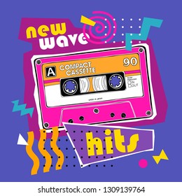 Bright colored poster in a Zine Culture style. Vintage audio cassette for portable boombox. New wave hits– lettering quote. Humor t-shirt composition, hand drawn style print. Vector illustration.