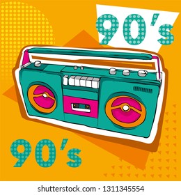 Bright colored poster in a Zine Culture style. Vintage Recording equipment, boombox. T-shirt composition, hand drawn style print. Radio. Vector illustration.