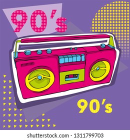 Bright colored poster in a Zine Culture style. Vintage Recording equipment, boombox. T-shirt composition, hand drawn style print. Radio. Vector illustration.