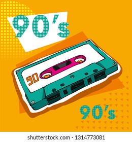 Bright colored poster in a Zine Culture style. Vintage audio cassette. New wave hits– lettering quote. T-shirt composition, hand drawn style print.