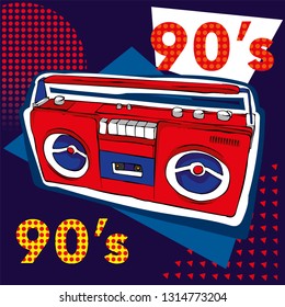 Bright colored poster in a Zine Culture style. Vintage Recording equipment, boombox. T-shirt composition, hand drawn style print. Radio. Vector illustration.