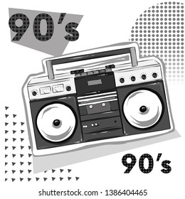 Bright colored poster in a Zine Culture style. Vintage Recording equipment, boombox. T-shirt composition, hand drawn style print. Radio. Vector illustration.