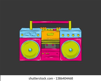 Bright colored poster in a Zine Culture style. Vintage Recording equipment, boombox. T-shirt composition, hand drawn style print. Radio. Vector illustration.