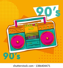 Bright colored poster in a Zine Culture style. Vintage Recording equipment, boombox. T-shirt composition, hand drawn style print. Radio. Vector illustration.