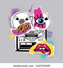 Bright colored poster in a Zine Culture style. Vintage Recording equipment, music player recorder with paper collage. Humor t-shirt composition, hand drawn style print. Vector illustration.