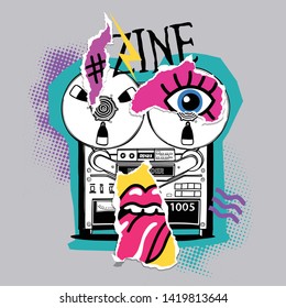 Bright colored poster in a Zine Culture style. Vintage Recording equipment, music player recorder with paper collage. Humor t-shirt composition, hand drawn style print. Vector illustration.