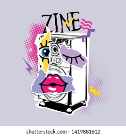 Bright colored poster in a Zine Culture style. Vintage sound audio speaker for player recorder with paper collage. Humor t-shirt composition, hand drawn style print. Vector illustration.