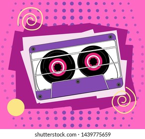Bright colored poster in a Zine Culture style. Vintage audio cassette for portable boombox. Vector illustration.