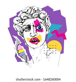 Bright colored poster in a Zine Culture style. Plaster head statue with paper collage and geometric forms. Humor poster, t-shirt composition, hand drawn style print. Vector illustration.