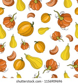 Bright colored pumpkin hand drawing seamless pattern, vector illustration