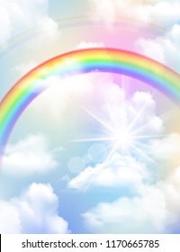 Bright colored rainbow clouds and sky realistic composition vector illustration