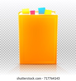 Bright colored realistic book with bookmarks and blank cover. Design template. Vector illustration isolated on transparent.