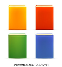 Bright colored realistic books with blank cover isolated on white. Design template. Vector illustration.