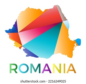 Hell gefärbte rumänische Form. Länderlogo im geometrischen Mehrfarbenstil. Modernes Design. Tolle Vektorgrafik.