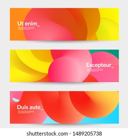 Bright colored sale advertisement templates with liquid shape. Fluid gradient color banners set. Creative 3D blend shapes dynamic composition. Layered isolated vector background. 