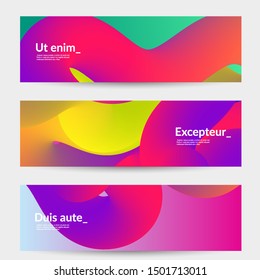 Bright colored sale advertisement templates with liquid shape. Fluid gradient color banners set. Creative 3D blend shapes dynamic composition. Layered isolated vector background. 