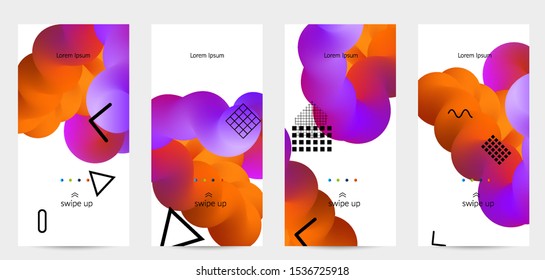 Bright colored sale advertisement templates with 3D liquid shape on white and simple black geometric shapes. Fluid color banners set. Creative 3D blend shapes dynamic composition.