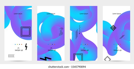 Bright colored sale advertisement templates with 3D liquid shape on white and simple black geometric shapes. Fluid color banners set. Creative 3D blend shapes dynamic composition.