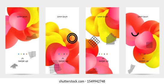 Bright colored sale advertisement templates with 3D liquid shape on white and simple black geometric shapes. Fluid color banners set. Creative 3D blend shapes dynamic composition.