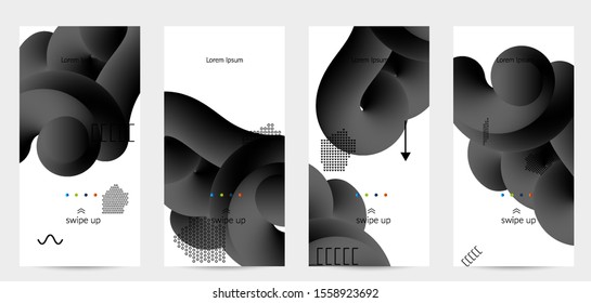 Bright colored sale advertisement templates with 3D liquid shape on white and simple black geometric shapes. Fluid color banners set. Creative 3D blend shapes dynamic composition.