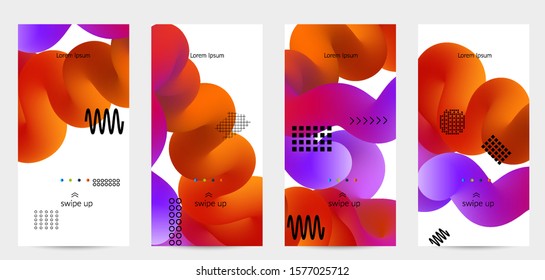 Bright colored sale advertisement templates with 3D liquid shape on white and simple black geometric shapes. Fluid color banners set. Creative 3D blend shapes dynamic composition.