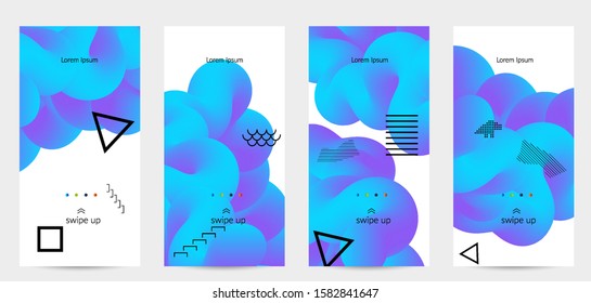 Bright colored sale advertisement templates with 3D liquid shape on white and simple black geometric shapes. Fluid color banners set. Creative 3D blend shapes dynamic composition.