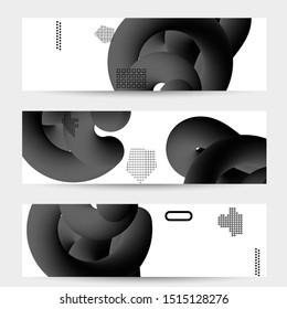 Bright colored sale banner templates with 3D liquid shape on white and simple black geometric shapes. Fluid color banners set. Creative 3D blend shapes dynamic composition.
