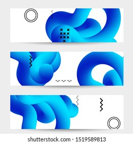 Bright colored sale banner templates with 3D liquid shape on white and simple black geometric shapes. Fluid color banners set. Creative 3D blend shapes dynamic composition.