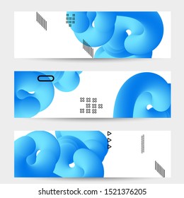 Bright colored sale banner templates with 3D liquid shape on white and simple black geometric shapes. Fluid color banners set. Creative 3D blend shapes dynamic composition.
