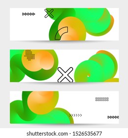 Bright colored sale banner templates with 3D liquid shape on white and simple black geometric shapes. Fluid color banners set. Creative 3D blend shapes dynamic composition.