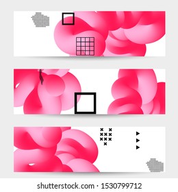 Bright colored sale banner templates with 3D liquid shape on white and simple black geometric shapes. Fluid color banners set. Creative 3D blend shapes dynamic composition.