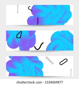 Bright colored sale banner templates with 3D liquid shape on white and simple black geometric shapes. Fluid color banners set. Creative 3D blend shapes dynamic composition.