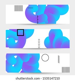 Bright colored sale banner templates with 3D liquid shape on white and simple black geometric shapes. Fluid color banners set. Creative 3D blend shapes dynamic composition.