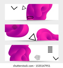 Bright colored sale banner templates with 3D liquid shape on white and simple black geometric shapes. Fluid color banners set. Creative 3D blend shapes dynamic composition.