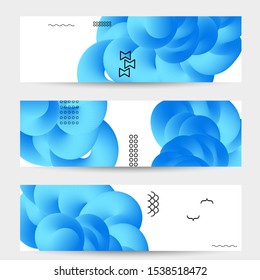 Bright colored sale banner templates with 3D liquid shape on white and simple black geometric shapes. Fluid color banners set. Creative 3D blend shapes dynamic composition.
