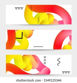 Bright colored sale banner templates with 3D liquid shape on white and simple black geometric shapes. Fluid color banners set. Creative 3D blend shapes dynamic composition.